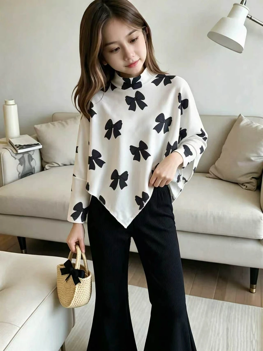 Tween Girls Cute Bowknot Print Asymmetric Hem Knit Top And Fall Winter Medium Weight Warm Brushed Ribbed Flare Leg Pants 2 Pieces Outfit Set - Apricot - View 1