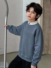 Dazy Kids Sweatshirt Pullover Leher Bulat Dasar Jahitan Kontras untuk Anak Laki-laki (Ukuran Besar), Potongan Longgar, Musim Gugur/Dingin - Navy Blue - View 7