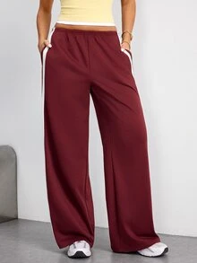 SHEIN Dewbera Women's Casual Sports Loose Pants With Side Stripes - Burgundy - View 3