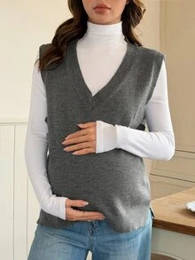 Dazy Maternity Solid Color Loose V-Neck Sleeveless Casual Vacation Korean Style Spring/Autumn Maternity Sweater Vest - Grey - View 6