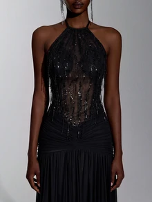 Elitara Elegant Minimalist Fashion Black Sequin Tassel Mesh Patchwork Halter Neck Backless Pleated A-Line Long Formal Evening Gown For Women - Black - View 8