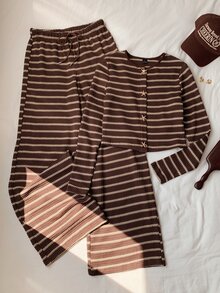 Comfortcana 女款金屬鈕扣長袖針織開襟衫與抽繩腰長褲兩件套 - 棕色 - 查看 6
