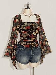 SHEIN ICON ملابس علوية نسائية بمقاسات كبيرة بطبعة زهور وياقة عنق البجعة وأكمام واسعة عصرية - متعدد الألوان - مشاهدة 5