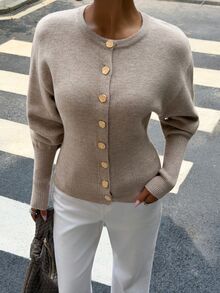 Siren Gaze Cardigan Rajut Lengan Panjang Kancing Gaya Vintage Wanita - Aprikot - View 1