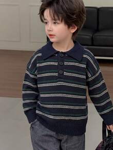 Dazy Kids Boys (Big) Polo Collar Contrast Color Striped Thick Knit Sweater, Basic Layering Piece For Autumn/Winter - Navy Blue - View 1