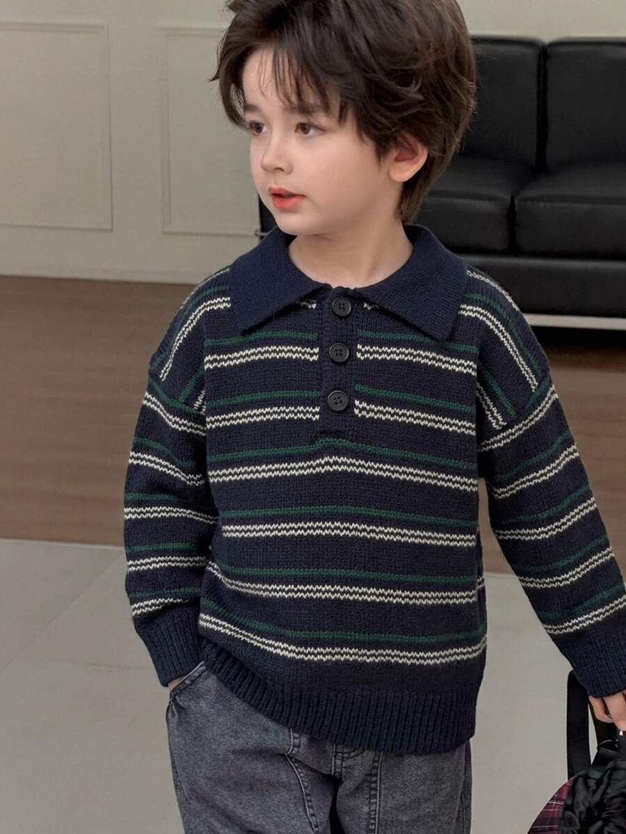 Dazy Kids Boys (Big) Polo Collar Contrast Color Striped Thick Knit Sweater, Basic Layering Piece For Autumn/Winter - Navy Blue - View 1