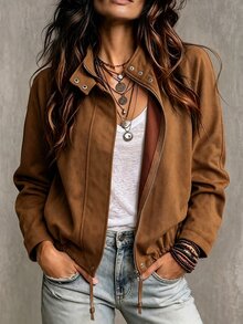 SHEIN American Vintage Premium Texture Drawstring Motorcycle Style Suede Velvet Stand Collar Jacket Short Coat - Khaki - View 1
