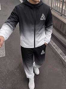兒童青少年男孩休閒運動潑墨漸層圖案連帽外套與黑色長褲套裝，適合秋冬、學校、家庭聚會、度假、派對，秋季穿搭、冬季穿搭，男孩套裝兒童套裝 - 彩色 - 查看 1