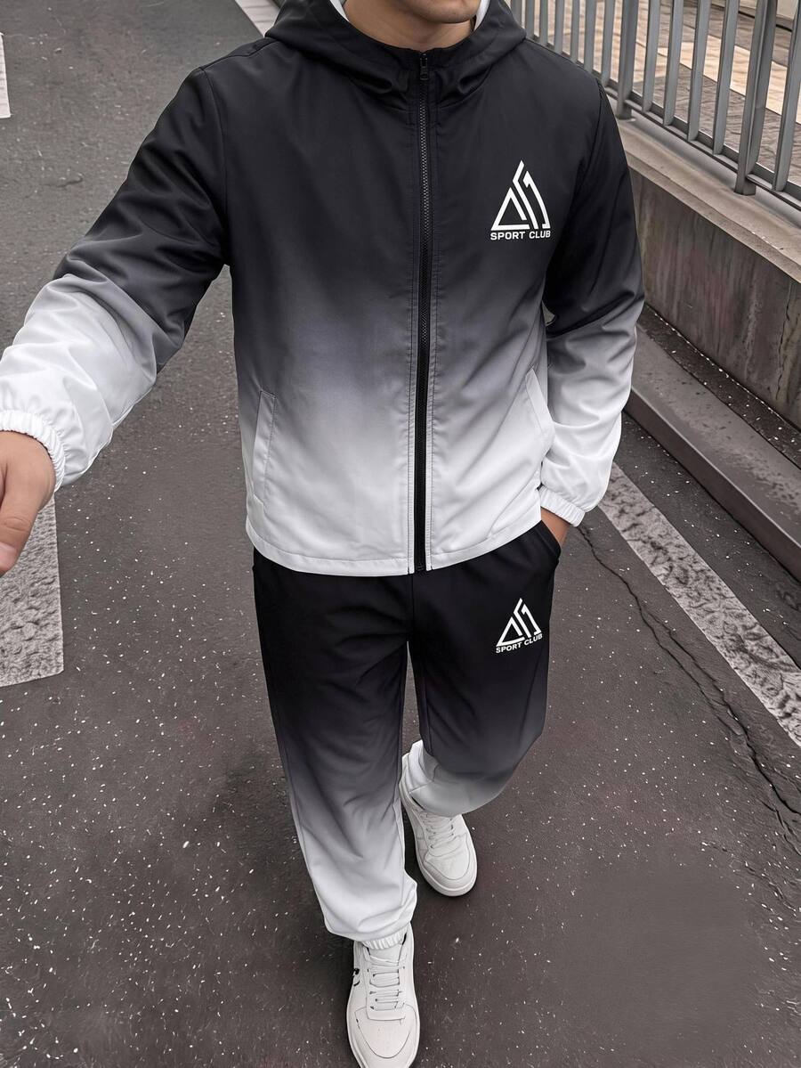 兒童青少年男孩休閒運動潑墨漸層圖案連帽外套與黑色長褲套裝,適合秋冬、學校、家庭聚會、度假、派對,秋季穿搭、冬季穿搭,男孩套裝兒童套裝 - 彩色 - 查看 1