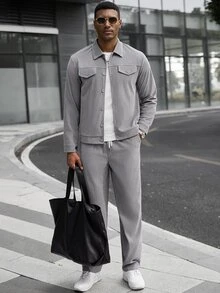 Manfinity CasualCool Setelan Pria American Vintage Bertekstur 2 Potong, Jaket Berkerah Kancing dan Celana Panjang Lurus Longgar Kasual untuk Pria Dewasa - Grey - View 3