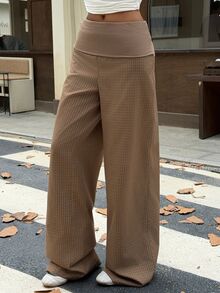 Muchica Women's New Brown Plaid Fold Waist Loose Long Pants - Brown - View 3