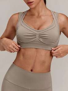 GLOWMODE Seamless Summer Glow Racerback Sports Bra With Mock 2-In-1 Push-Up Design & Removable Cups Low Impact Yoga Pilates Studio Active Wear - Khaki - View 6