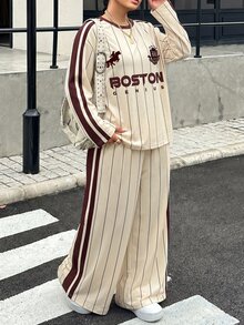 SHEIN EZwear 大尺碼女款字母條紋長袖T恤與長褲休閒兩件套秋季 - 彩色 - 查看 6
