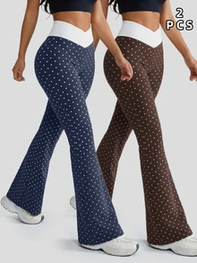 SHEIN Velisys Women's Casual Polka Dot Print Patchwork Flare Pants - Coffee Brown - View 1