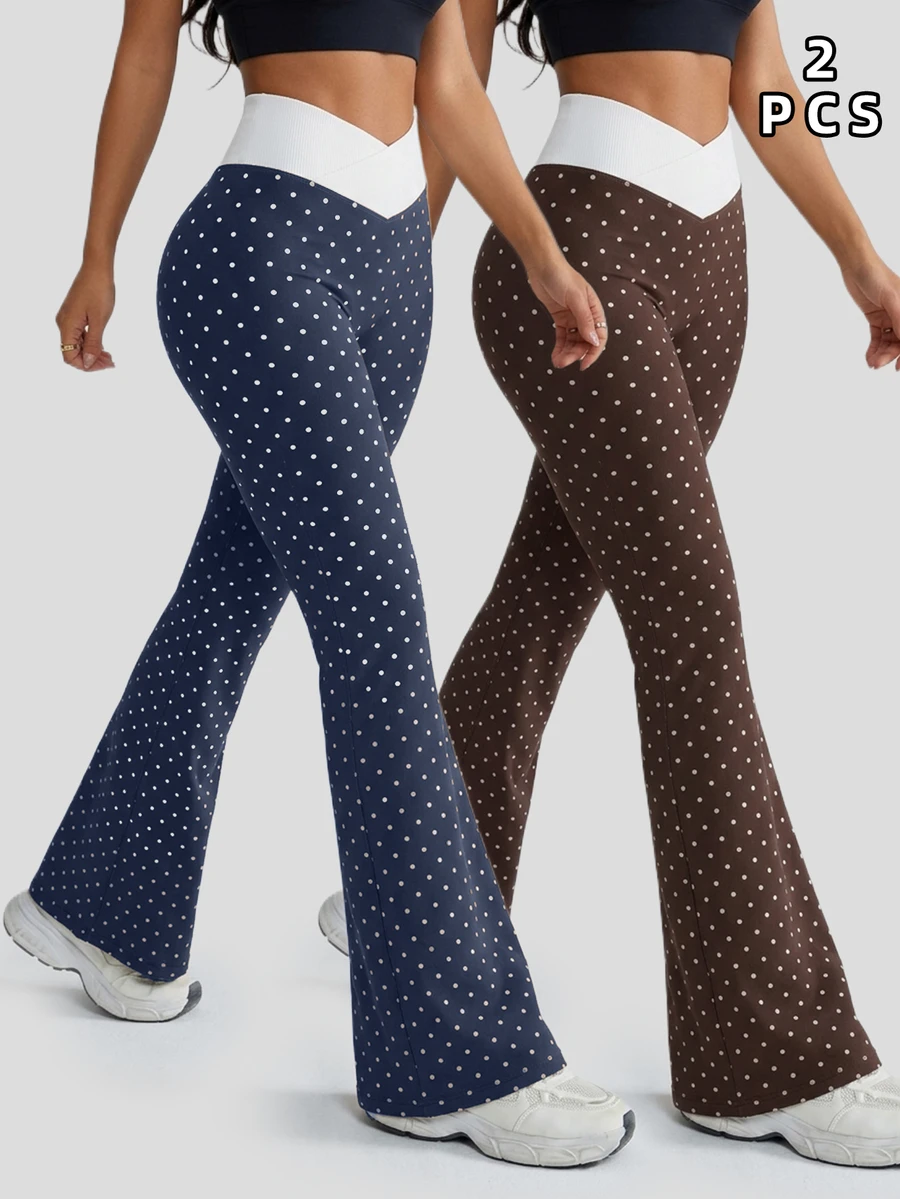 SHEIN Velisys Women's Casual Polka Dot Print Patchwork Flare Pants - Coffee Brown - View 1