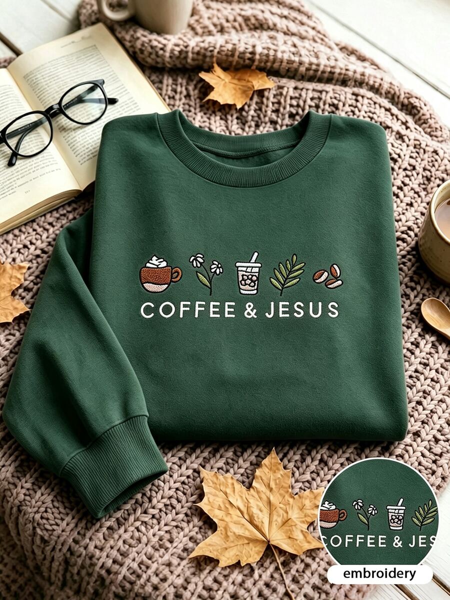 INAWLY Women's Letter Embroidered Crew Neck Long Sleeve Casual Sweatshirt - Dark Green - View 1