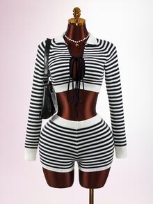 Mistrie Women's Tie-Front Cropped Long Sleeve Sweater And Striped Knit Shorts 2 Pieces Set - Multicolor - View 6