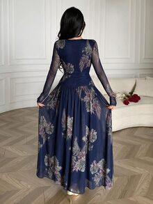 Modelyn Plus Size Women's V-Neck Floral Print Casual Party Dress - Navy Blue - View 2