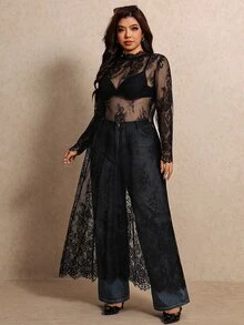 Elaquor Đầm thời trang nữ size lớn cổ đứng tay dài ren xuyên thấu - màu đen - Xem 6