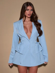SHEIN BAE Women's Solid Color Lapel Neck Long Sleeve Side Waist Tie Design Elegant Blazer - Baby Blue - View 4