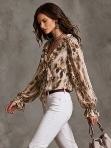 Solivie Women's Leopard Print Frill Trim Casual Daily Wear Shirt - Multicolor - View 5