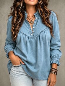 Linhara CURVE Women's Fashion Blue Denim Effect Ruffle Collar Gathered Puff Sleeve Loose Fit Versatile Blouse, Suitable For Daily Wear, Outings, Commuting, Casual Dating - Grey - View 5