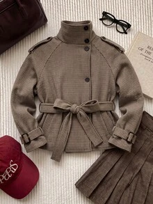 Comfortcana Plus Size 26 Autumn/Winter Vintage Plaid Wool Parka Short Coat Jacket - Coffee Brown - View 4