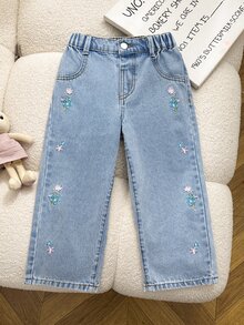 SHEIN 女童秋冬藍色水洗寬腿褲，精緻花朵刺繡，純棉面料，適合返校季與日常穿著 - 淺色水洗藍 - 查看 4