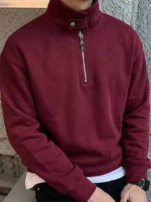 DAZY 男士純色 Polo 領可調節鈕扣設計套頭運動衫，秋冬季 1/4 拉鍊連帽衛衣 - 酒紅色 - 查看 7