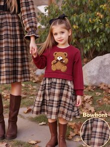 SHEIN Elladie kids 女童對比拼接花卉彼得潘領兩件式連身裙 秋季 - 紅色 - 查看 4