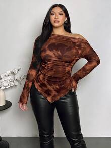 Firerie Plus Size Women's All-Over Print One-Shoulder Ruched Casual Daily T-Shirt - Multicolor - View 6