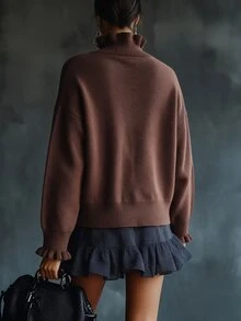 Breezaya Autumn/Winter Stand Collar Ruffle Fashion Sweater - Mocha Brown - View 2