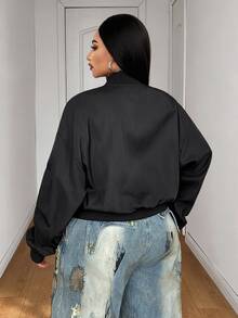 Maweii Plus Size Women Solid Color Pleated Long Sleeve Zipper Front Baseball Collar Cool Jacket - Black - View 5
