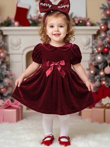 SHEIN Baby Girl Bow Decor Peter Pan Collar Fashion Party Dress - Red - View 2