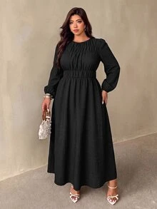 Auralis Plus Size Brown Round Neck Cinched Waist Flared Umbrella Skirt/Casual Cottage Core Dress Elastic Elegant Daily Formal Vacation Going Out Autumn Fall - Black - View 1