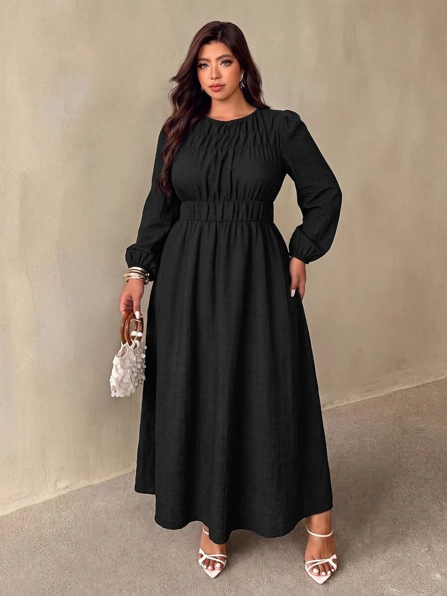 Auralis Plus Size Brown Round Neck Cinched Waist Flared Umbrella Skirt/Casual Cottage Core Dress Elastic Elegant Daily Formal Vacation Going Out Autumn Fall - Black - View 1