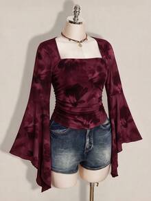 SHEIN ICON 女款休閒浪漫小碎花大尺碼酒紅色上衣，適合春秋穿著 - 彩色 - 查看 8
