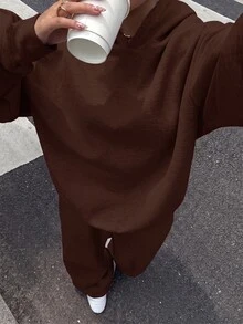Muchica 休閒極簡風女款兩件套，秋冬女款帽 T 與運動長褲套裝，適合秋冬，百搭，適合日常穿著 - 棕色 - 查看 6