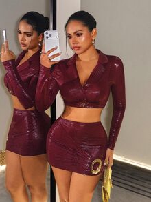 BamGleam Women's Solid Color Cropped Top And Metal Decor Mini Skirt Sexy Set - Burgundy - View 4