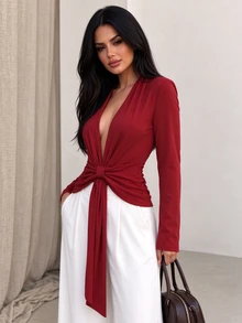 INAWLY Burgundy Deep V-Neck Tie-Front Long Sleeve Ribbed Knit Top, Slim Fit - Burgundy - View 7