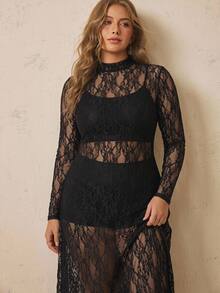 SHEIN VCAY 大尺碼女款立領長袖蕾絲透視性感洋裝 - 黑色 - 查看 5