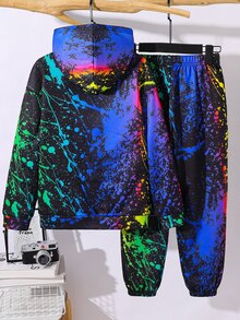 SHEIN 兒童青少年男孩休閒嘻哈風螢光夜光圖案連帽衛衣與慢跑褲套裝，適合秋冬、學校、家庭聚會、派對，秋季穿搭、冬季穿搭，男孩兒童套裝 - 彩色 - 查看 4