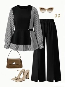 GlowEve CURVE Plus Size Women Casual Striped Patchwork Waist-Cinching Shirt And Pants 2 Pieces Set - Black and White - View 1