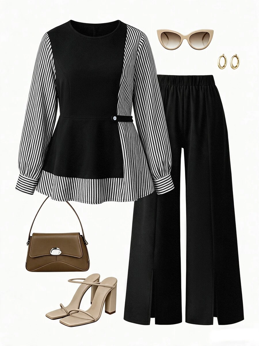 GlowEve CURVE Plus Size Women Casual Striped Patchwork Waist-Cinching Shirt And Pants 2 Pieces Set - Black and White - View 1