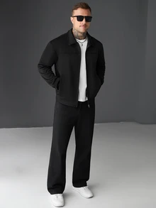 SLATEMANN Men's Solid Color Long Sleeve Jacket And Pants Casual Daily Outfit - Black - View 1
