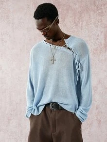 STYNVO Men's Loose Fit Eyelet Lace-Up Design Long Sleeve Sweater, Autumn, Fall - Baby Blue - View 4