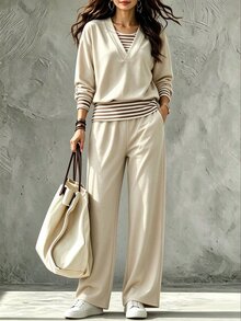 Zayélia 中年女性拼接條紋 2 合 1 T恤與長褲運動休閒套裝，白色，秋季 - 彩色 - 查看 6