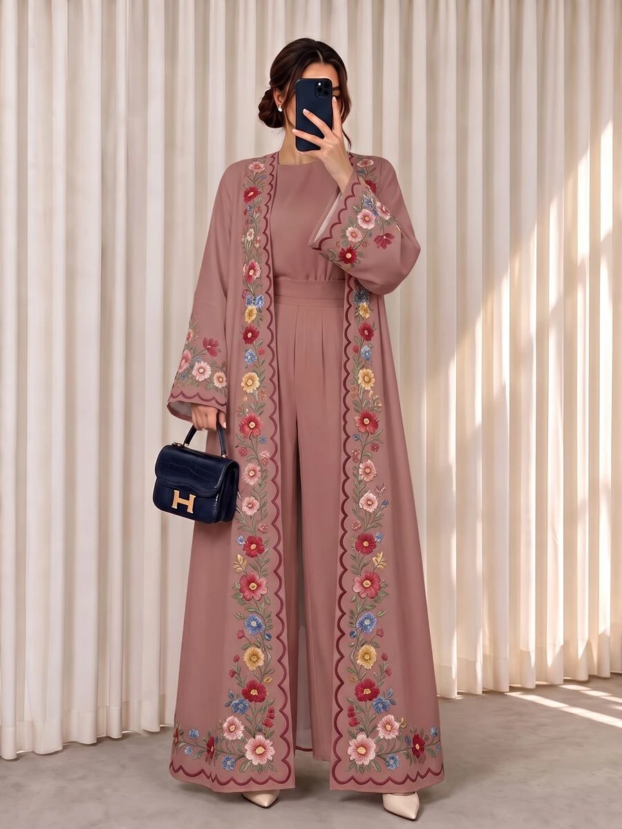 SHEIN Najma رداء نسائي بطبعة زهور وأكمام طويلة لعطلة الشاطئ - متعدد الألوان - مشاهدة 1