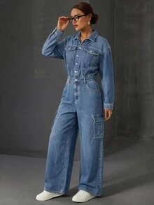 Rivivi Women's Casual Denim Jumpsuit With Pockets For Daily Wear - Blue - View 2