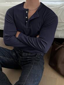 DAZY 男士白色羅紋布料長袖圓領半開襟素色T恤 秋季 - 藏蓝色 - 查看 2